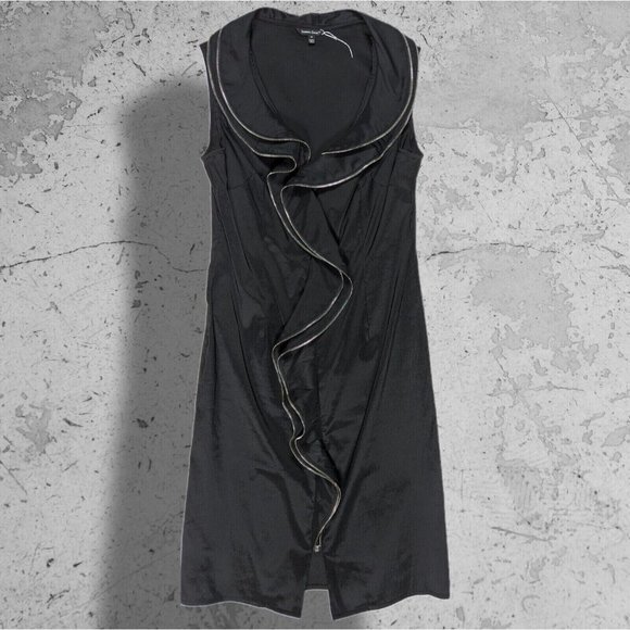 Samuel Dong Black Zipper Detail & Zip Up Ruffle Stretch Dress For Comfort sz M